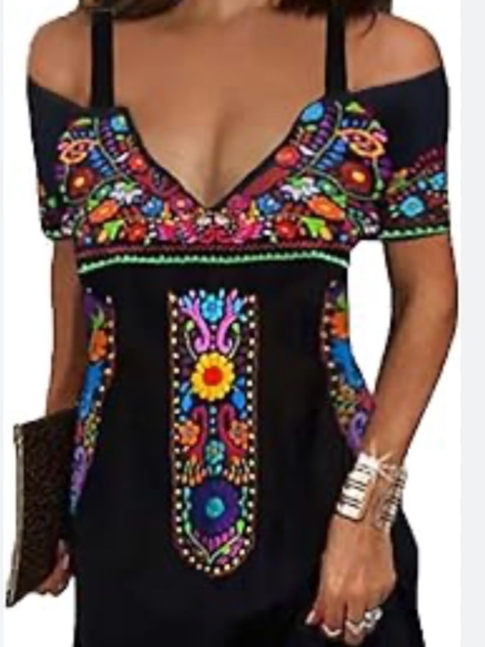 Boho Embroidered Cold-Shoulder Women’s Top - Black with Multicolor Embroidery